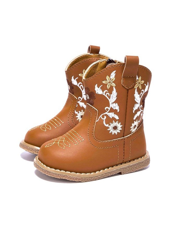 Newsonet Baby Cowboy Cowgirl Boots Infant Western Boots Toddler Boys Girls Round Toe Riding Mid Calf Boots All Seasons for 6 9 12 18 24 Months, Brown, 6-12 Months Infant - Image 3