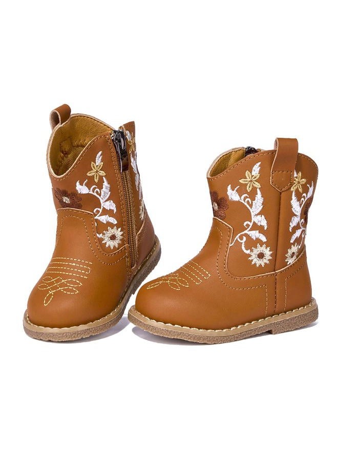 Newsonet Baby Cowboy Cowgirl Boots Infant Western Boots Toddler Boys Girls Round Toe Riding Mid Calf Boots All Seasons for 6 9 12 18 24 Months, Brown, 6-12 Months Infant - Image 1