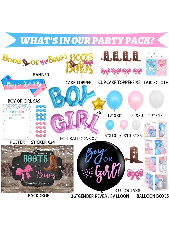 Hombae 169 Pcs Boots Or Bows Gender Reveal Decorations Hombae Boy Or Girl Gender Reveal Decorations Backdrop Balloon Garland Glitter Banner Tablecloth Cake Cupcake Topper Box Cutout Poster Sash Pink Blue - Image 2