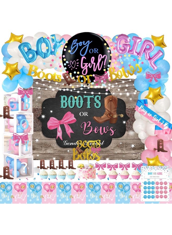 Hombae 169 Pcs Boots Or Bows Gender Reveal Decorations Hombae Boy Or Girl Gender Reveal Decorations Backdrop Balloon Garland Glitter Banner Tablecloth Cake Cupcake Topper Box Cutout Poster Sash Pink Blue - Image 1