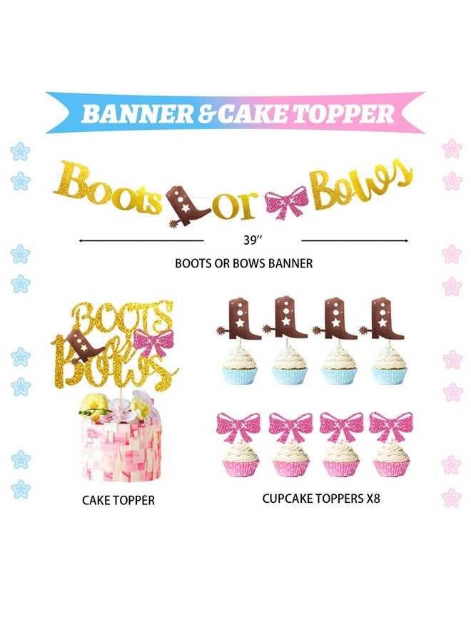 Hombae 169 Pcs Boots Or Bows Gender Reveal Decorations Hombae Boy Or Girl Gender Reveal Decorations Backdrop Balloon Garland Glitter Banner Tablecloth Cake Cupcake Topper Box Cutout Poster Sash Pink Blue - Image 3
