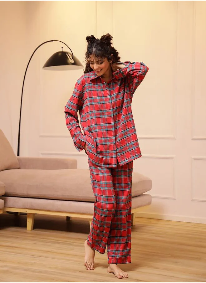 سانسكريتي هومز Checkered Buttoned Cotton Shirt and Pyjama Set