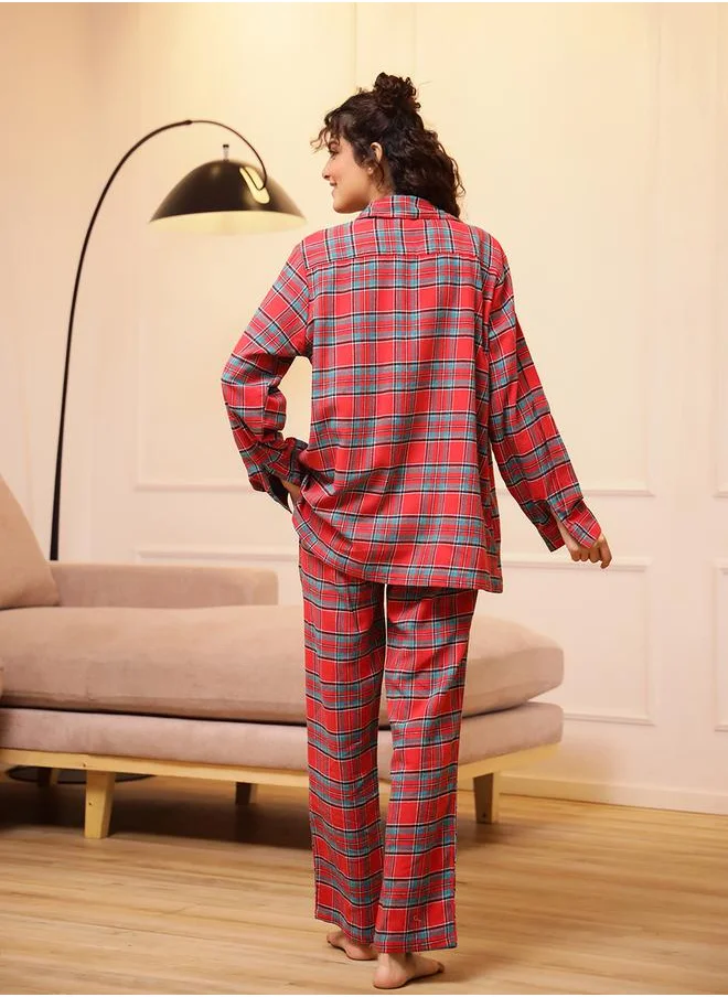 سانسكريتي هومز Checkered Buttoned Cotton Shirt and Pyjama Set