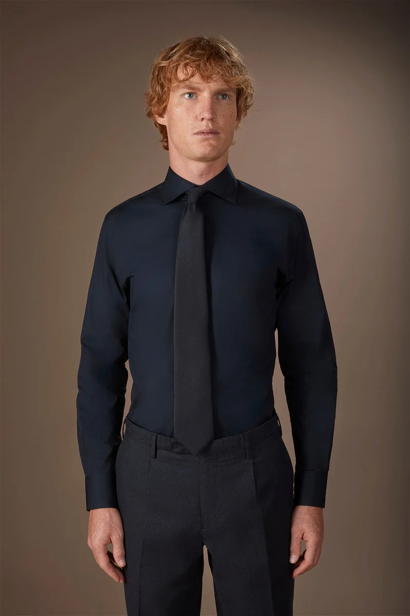 Men's 100% cotton French collar classic shirt stretch slub fabric - Black