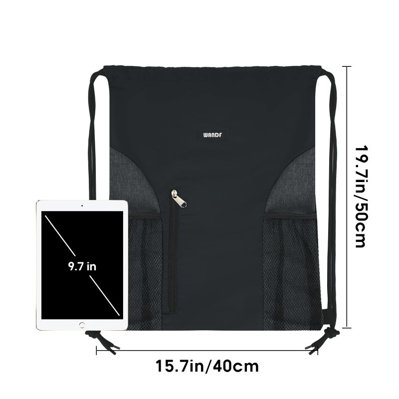 WANDF Drawstring Backpack Sports Gym Sackpack with Mesh Pockets Water Resistant String Bag for Women Men(Black) - Image 5