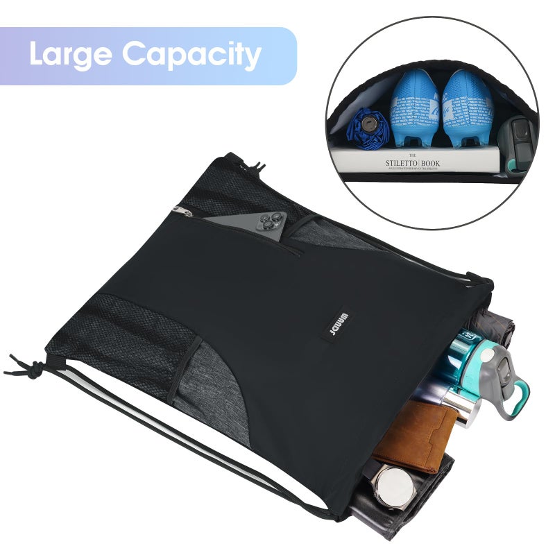 WANDF Drawstring Backpack Sports Gym Sackpack with Mesh Pockets Water Resistant String Bag for Women Men(Black) - Image 2