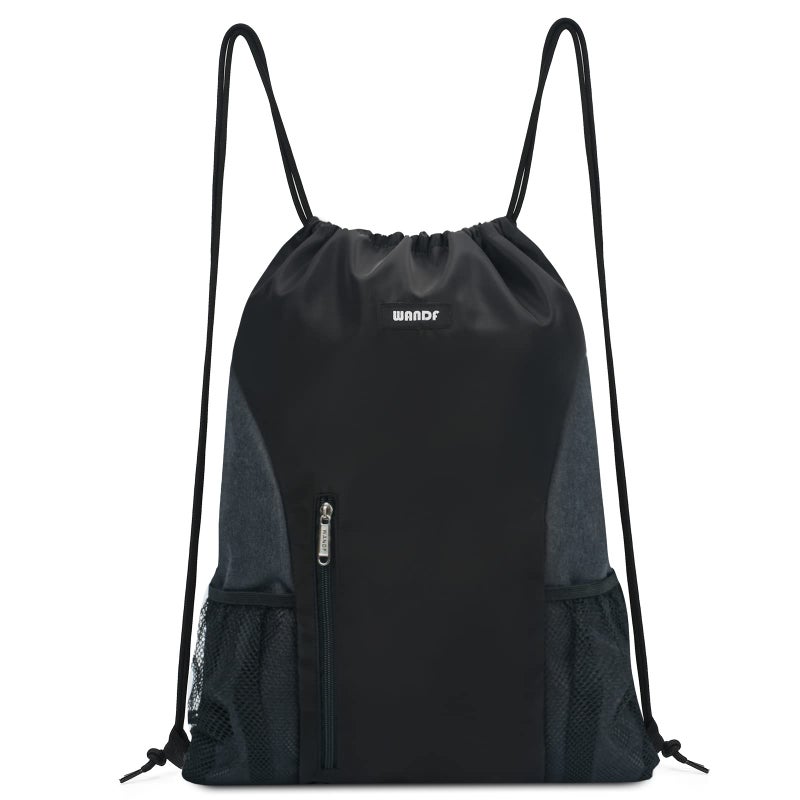 WANDF Drawstring Backpack Sports Gym Sackpack with Mesh Pockets Water Resistant String Bag for Women Men(Black) - Image 1