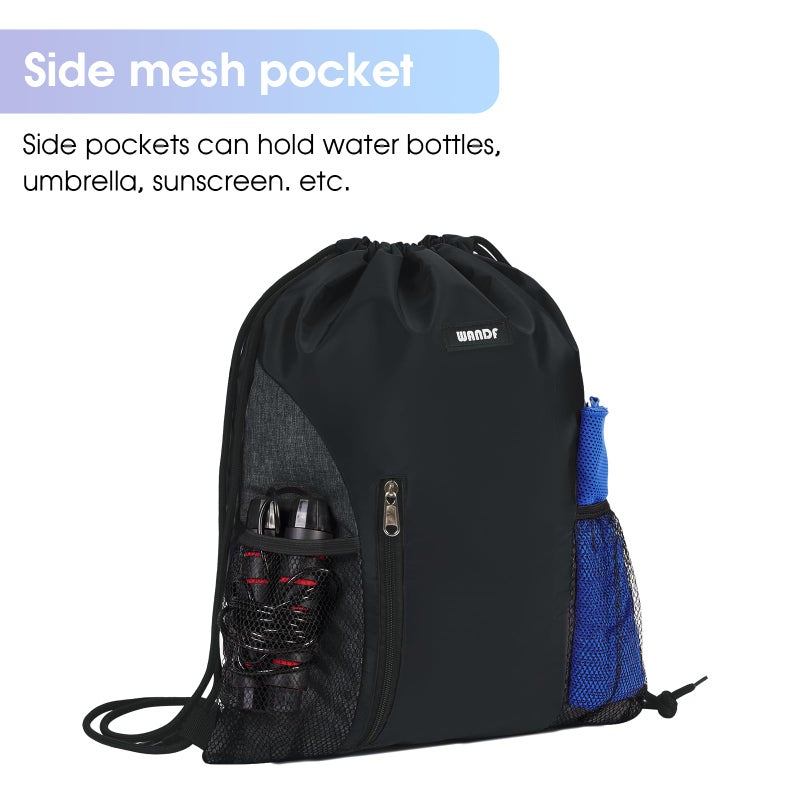 WANDF Drawstring Backpack Sports Gym Sackpack with Mesh Pockets Water Resistant String Bag for Women Men(Black) - Image 4