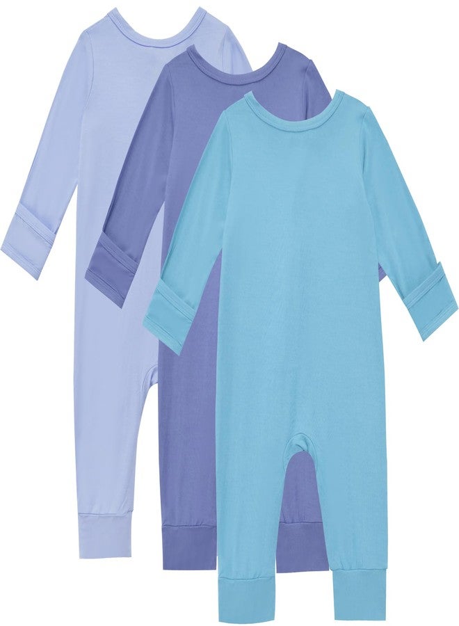Aablexema Baby Footless Pajamas Bamboo Rayon 3pcs Unisex Infant Zipper Romper with Mitten Cuffs(Blue Set,12-18m) - Image 2