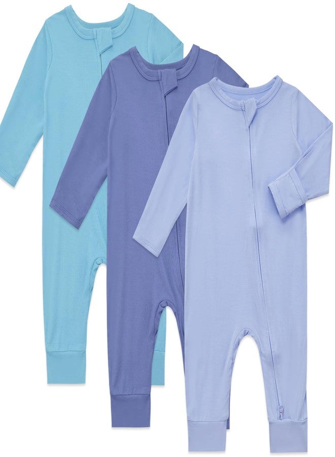 Aablexema Baby Footless Pajamas Bamboo Rayon 3pcs Unisex Infant Zipper Romper with Mitten Cuffs(Blue Set,12-18m) - Image 1