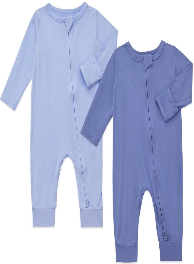Aablexema Baby Footless Pajamas Bamboo Rayon 3pcs Unisex Infant Zipper Romper with Mitten Cuffs(Blue Set,12-18m) - Image 3