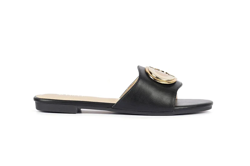 Elegant Flat Slide Sandal with Gold Round Accent