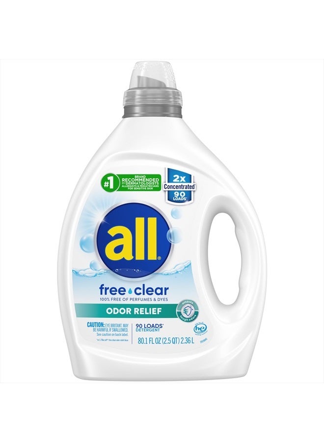 All Laundry Detergent Liquid, Free Clear for Sensitive Skin, Odor Relief, Unscented and Hypoallergenic, 2X Concentrated, 90 Loads - Image 1