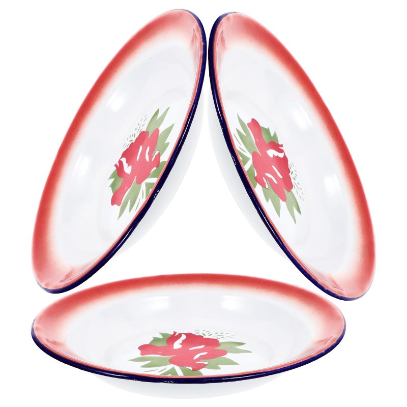 Retro Round Enamel Plates 20cm Vintage Chinese Style 3 Piece Set For Serving Snack Salad - Image 2