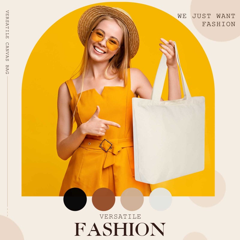 Epakh Canvas Tote Bag with Zipper - Bulk Reusable Large Blank Cotton Grocery Shopping Tote for Women Men DIY Crafting(16.5 x 3.9 x 13.4 Inch,Beige,8 Pack) - Image 2