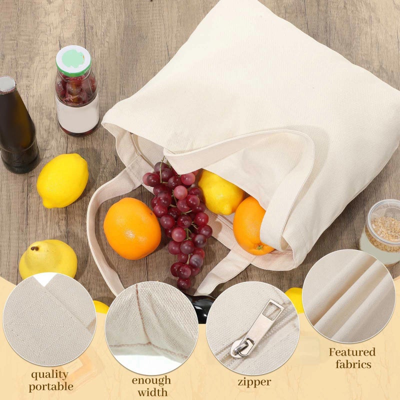 Epakh Canvas Tote Bag with Zipper - Bulk Reusable Large Blank Cotton Grocery Shopping Tote for Women Men DIY Crafting(16.5 x 3.9 x 13.4 Inch,Beige,8 Pack) - Image 5