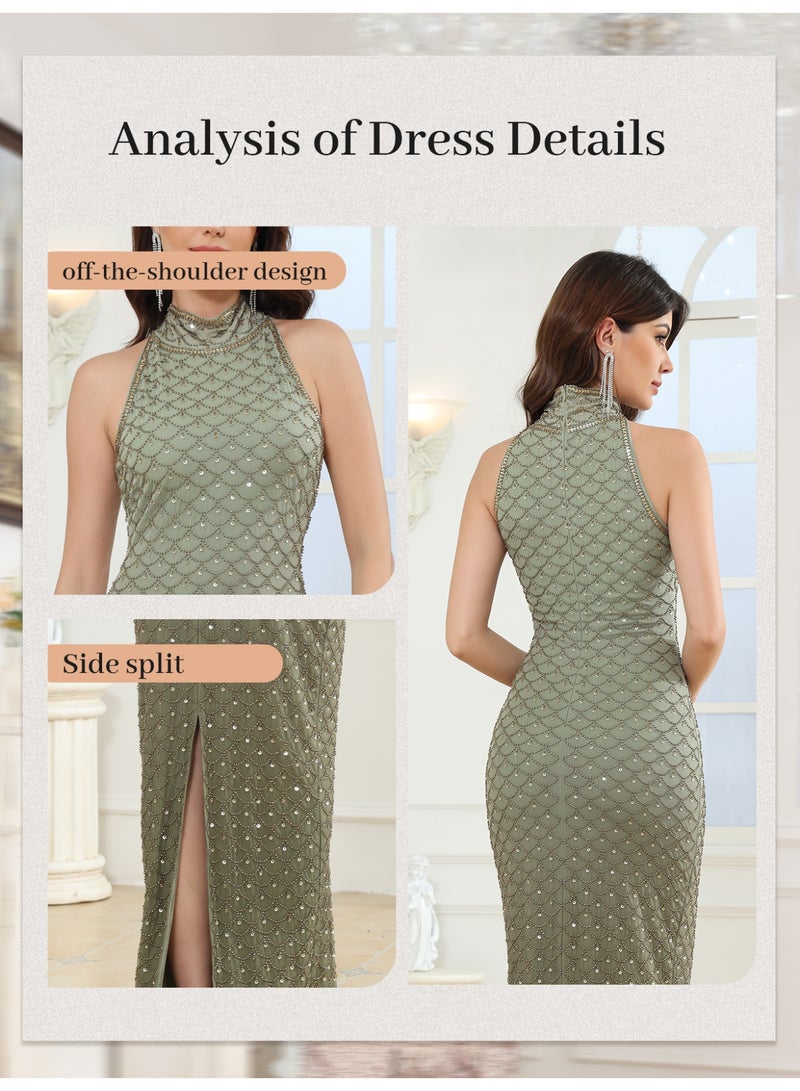 Olive Green Halter Neck Sequin Mermaid Maxi Dress – Elegant Evening Gown for Wedding, Party & Prom - Image 4