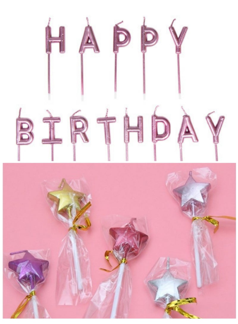 Hot Pink "Happy Birthday" Letter Cake Candles with Multicolor Star-Shaped Candles – Decorative Candle Set for Birthday Celebrations 