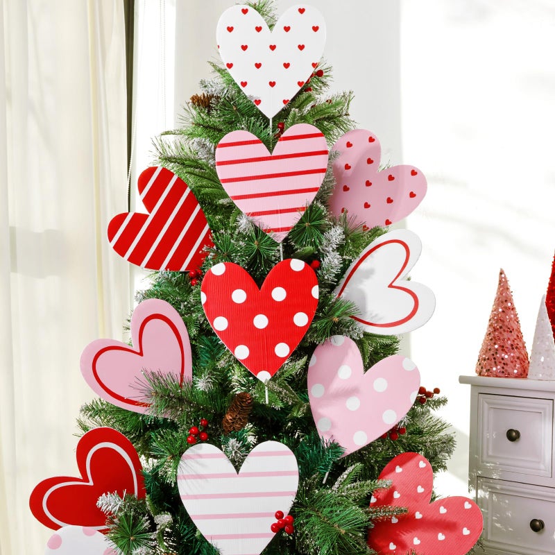 Bunny Chorus Valentines Day Decorations Tree Ornaments: 12 pcs Extra Large Red Pink White Heart San Valentine Decorations, Cute Hear Picks Ornaments for Valentine's Day Tree Topper Home Wedding DÃ©cor - Image 1