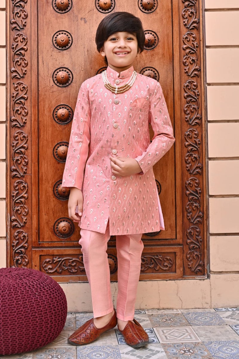 AHHAAAA Kids Ethnic Silk Blend Sequin Printed Indo-Western Sherwani Set For Boys, 6-7 Years, Pink - Image 3