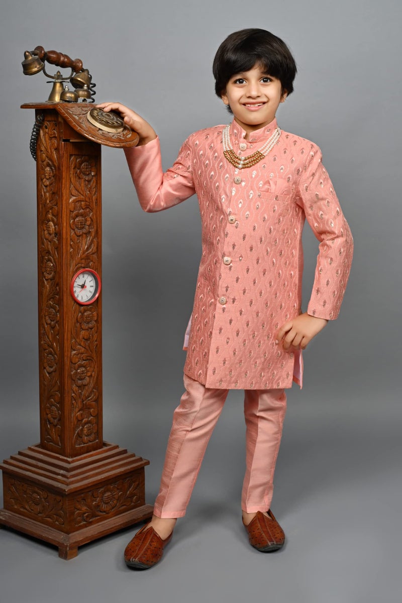 AHHAAAA Kids Ethnic Silk Blend Sequin Printed Indo-Western Sherwani Set For Boys, 6-7 Years, Pink - Image 2