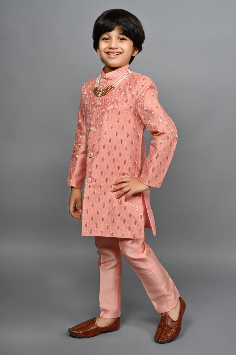 AHHAAAA Kids Ethnic Silk Blend Sequin Printed Indo-Western Sherwani Set For Boys, 6-7 Years, Pink - Image 5