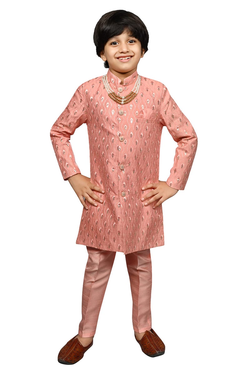 AHHAAAA Kids Ethnic Silk Blend Sequin Printed Indo-Western Sherwani Set For Boys, 6-7 Years, Pink - Image 1