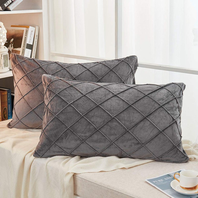 JAUXIO Diamond Pinch Pleated Crystal Velvet Pillowcases 2 Pack Solid Pintuck Throw Cushion Cover for Home Decor Hidden Zipper Closure Dark Grey Standard