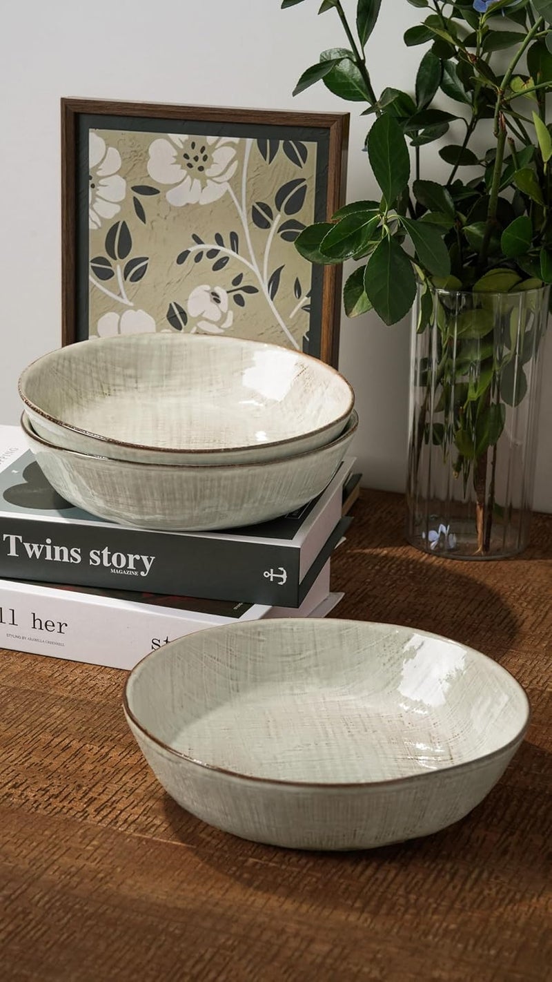 Famiware famiware Moonlight 85 Inch Pasta Bowls Set of 4 32oz Serving Bowls for Kitchen Soup Bowl with Linen Finish Large Stoneware Bowls for Festivals Housewarming Dinnerware Summer Sand  - Image 5