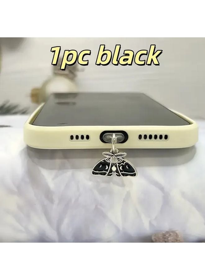 Black Type C Phone Jack Dust Plug Minimalist Moth Pendant Protector - Image 2