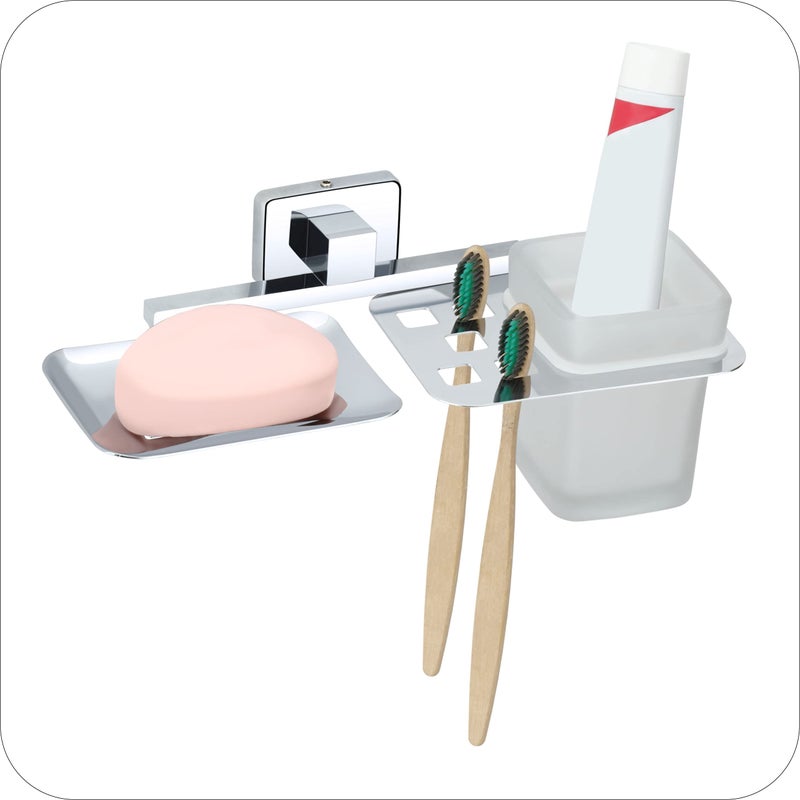 KANJAL soap Dish with Toothbrush Holder Tumbler Stand for washbasin sabu dani and Brush Holder for Bathroom Tumbler Holders dispensers 38(304 Stainless Steel,Chrome Finish,Frosted Glass) - Image 2