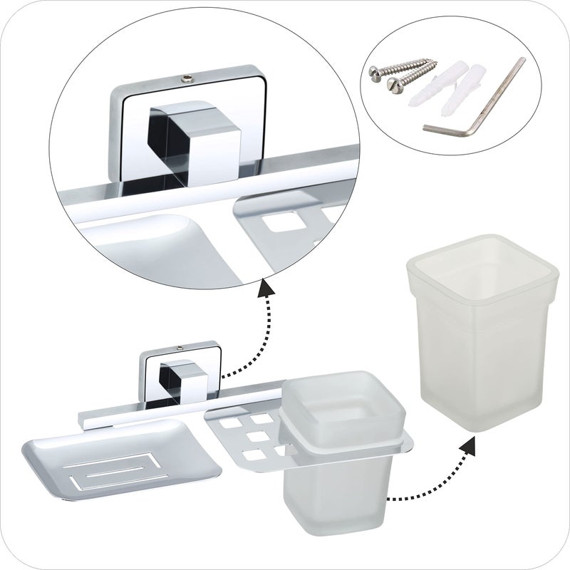 KANJAL soap Dish with Toothbrush Holder Tumbler Stand for washbasin sabu dani and Brush Holder for Bathroom Tumbler Holders dispensers 38(304 Stainless Steel,Chrome Finish,Frosted Glass) - Image 5
