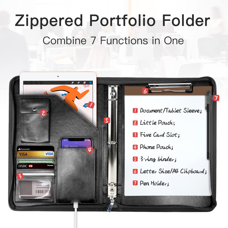 WRIYES Zippered Portfolio Organizer, WRIYES Leather Padfolio with 3 Ring Binder, Professional Business Binder, Organizer for IPad/Document, Phone & Business Cards, Office Gifts for Men or Women (Black) - Image 2