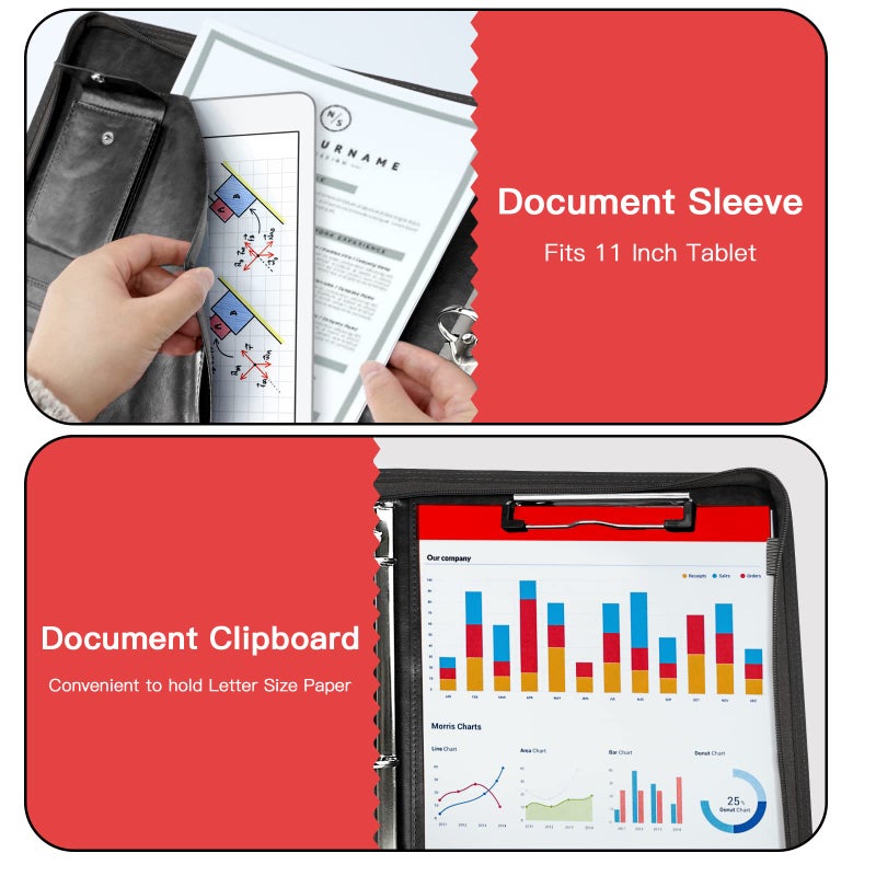 WRIYES Zippered Portfolio Organizer, WRIYES Leather Padfolio with 3 Ring Binder, Professional Business Binder, Organizer for IPad/Document, Phone & Business Cards, Office Gifts for Men or Women (Black) - Image 3