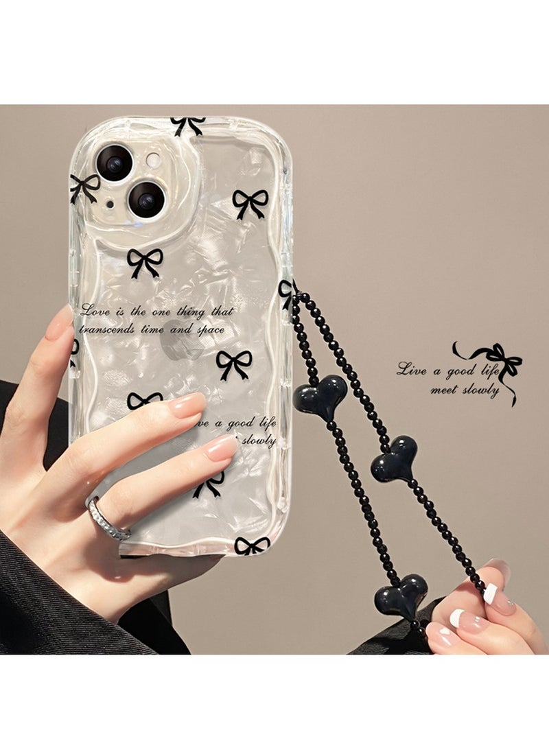 X-level iPhone 15 Case,Bow pattern Cover with Camera Len Protector Beaded Lanyard Wrist Anti-drop Strap for Women Girls, Soft TPU Full Protective Back Cover Comfortable Touch Feeling Accessory  - Image 1