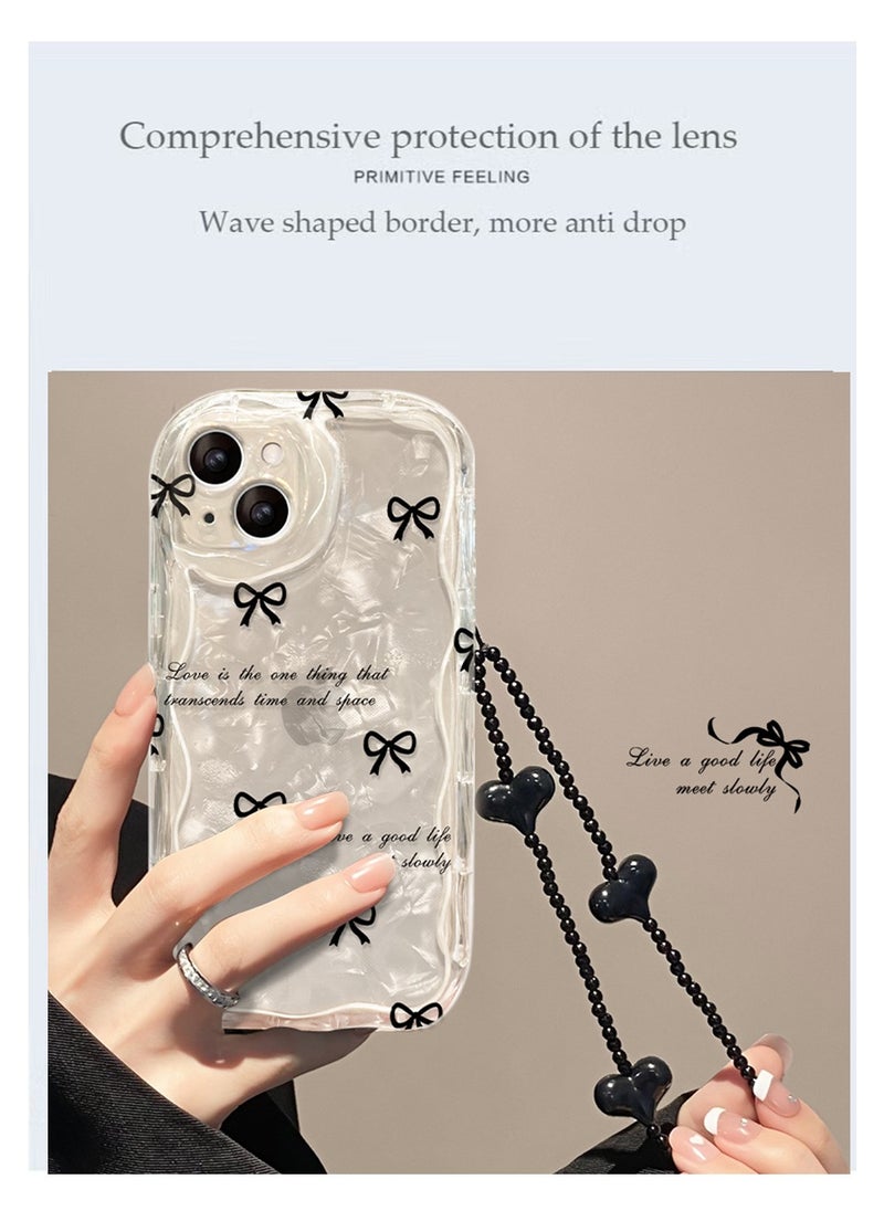 X-level iPhone 15 Case,Bow pattern Cover with Camera Len Protector Beaded Lanyard Wrist Anti-drop Strap for Women Girls, Soft TPU Full Protective Back Cover Comfortable Touch Feeling Accessory  - Image 5