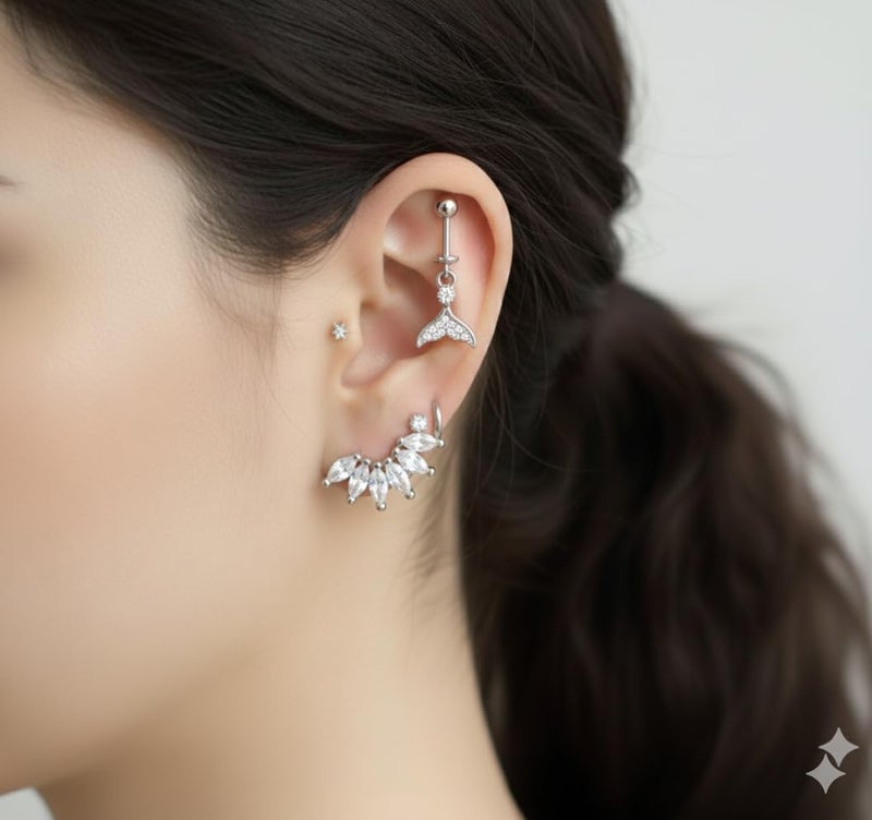 SHIELD PLUS Sparkly Mermaid/Whale Tail Dangle Barbell Earrings CZ Stud Industrial/Cartilage Piercing Jewelry for Women & Girls - Image 3