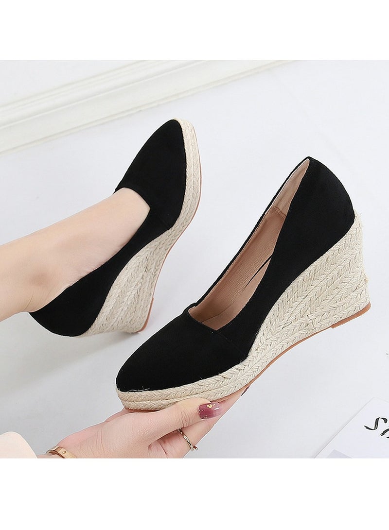 Loquat Women's Platform Espadrilles Wedge Heeled Sandals Slip On Closed Pointed Toe Wedge Pumps Black - Image 1