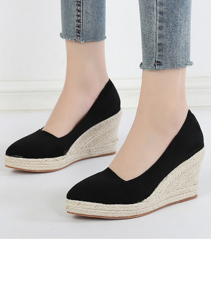 Loquat Women's Platform Espadrilles Wedge Heeled Sandals Slip On Closed Pointed Toe Wedge Pumps Black - Image 2