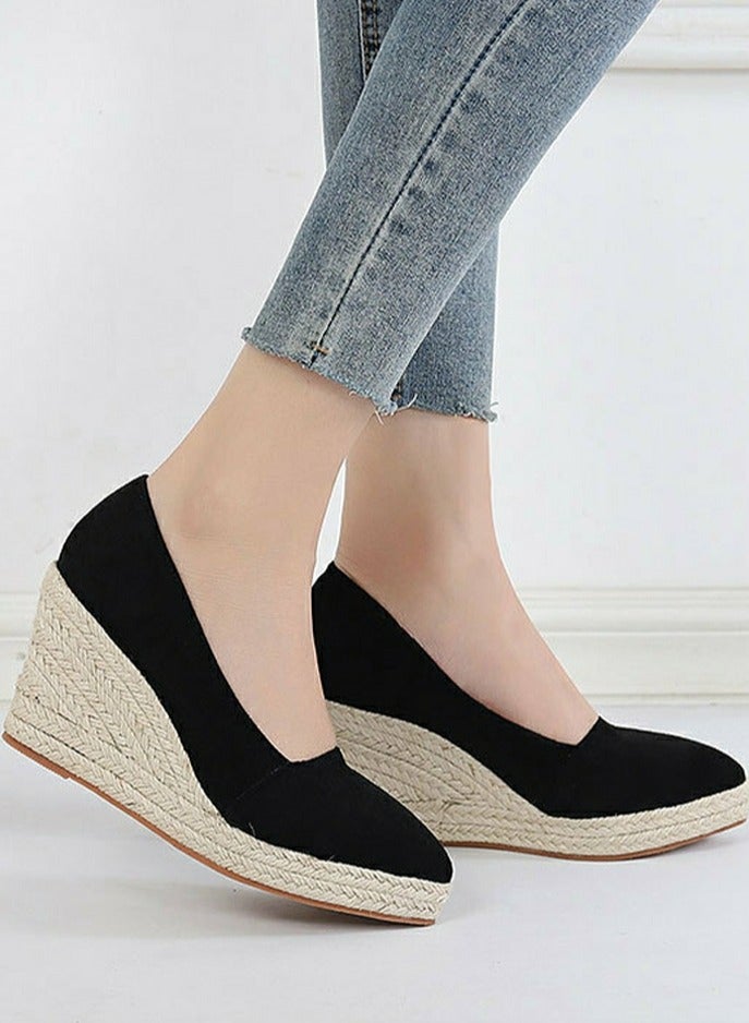Loquat Women's Platform Espadrilles Wedge Heeled Sandals Slip On Closed Pointed Toe Wedge Pumps Black - Image 3