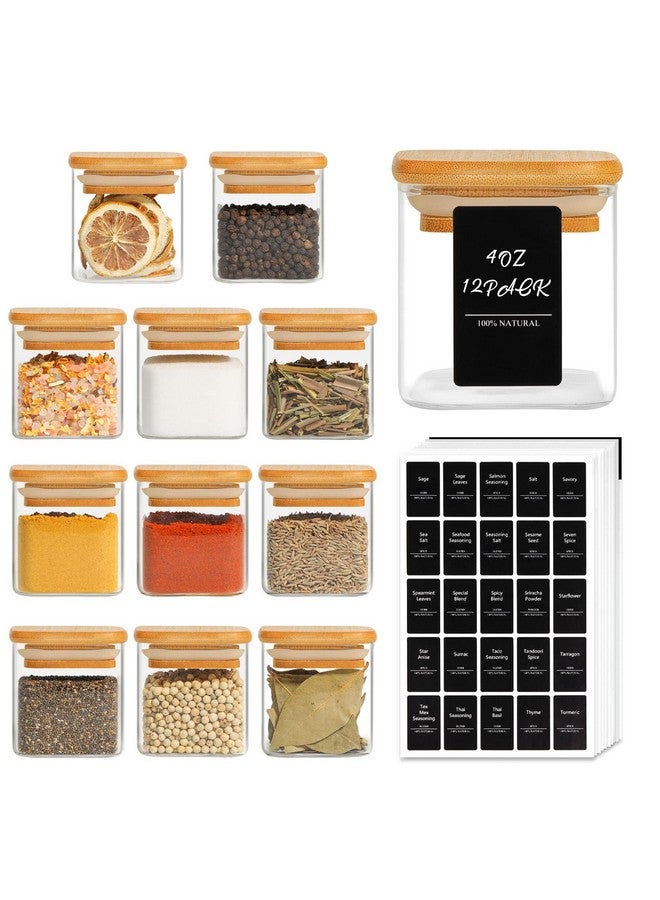 ComSaf 12Pcs Glass Spice Jars with Bamboo Lid, 4oz Airtight Square Spice Containers with 275 Black Lables, Empty Seasoning Jars for Spice Salt Sugar - Image 1