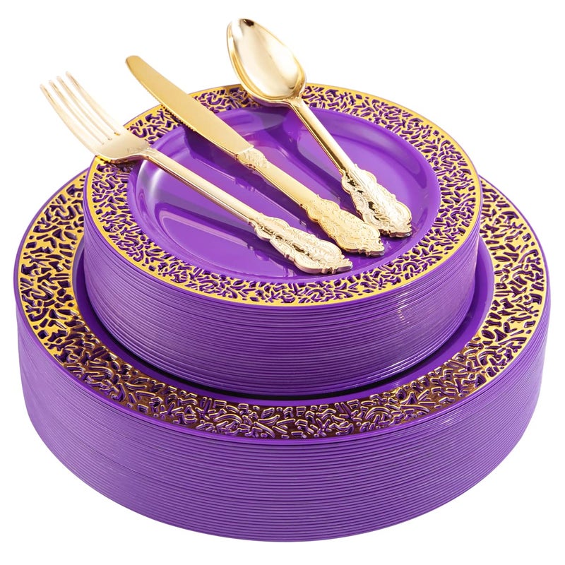 UQE 150PCS Purple Gold Plastic Plates with Gold Silverware Gold Plastic Plates for Party Wedding Include 30 Dinner Plates 1025 30 Salad Plates 75 30 Forks 30 Knives 30 Spoons