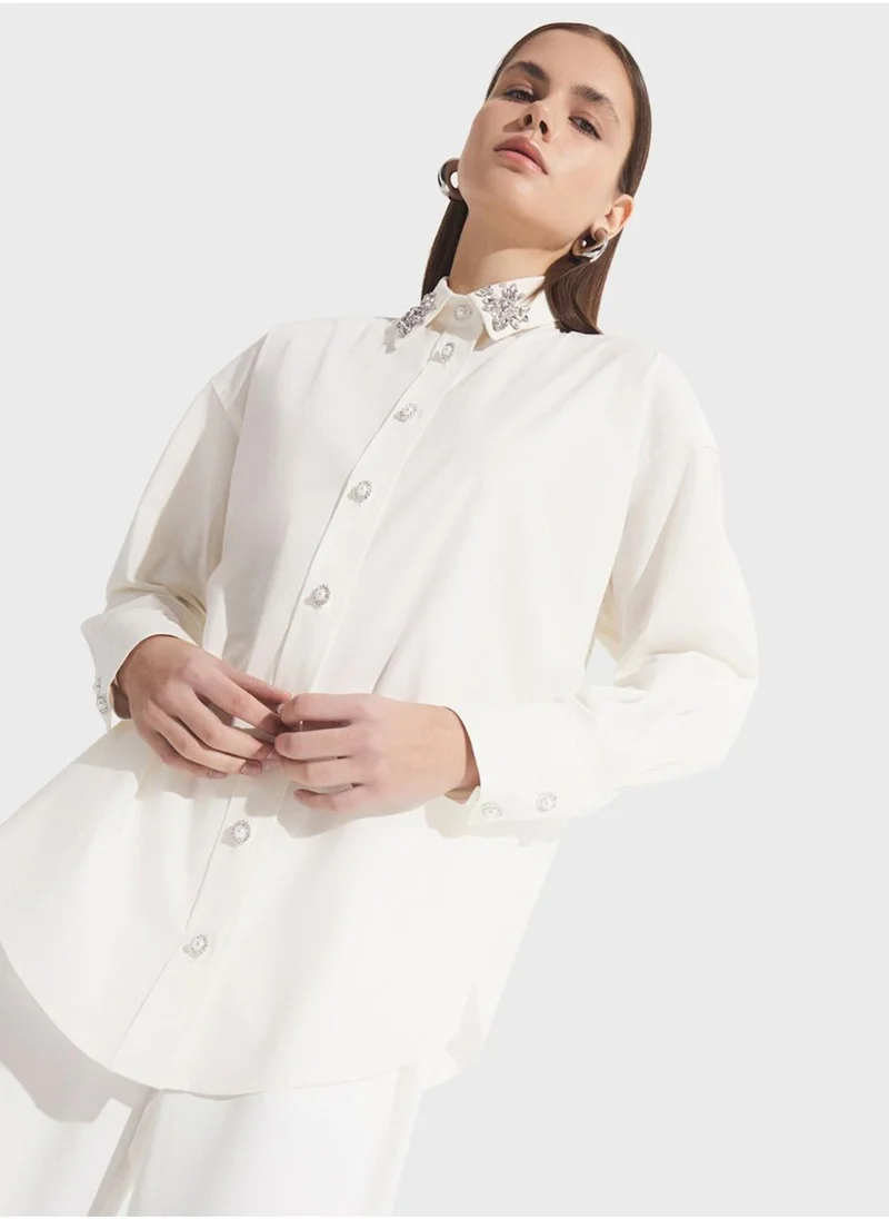 JUNE Embellished Collar Button Down Shirt