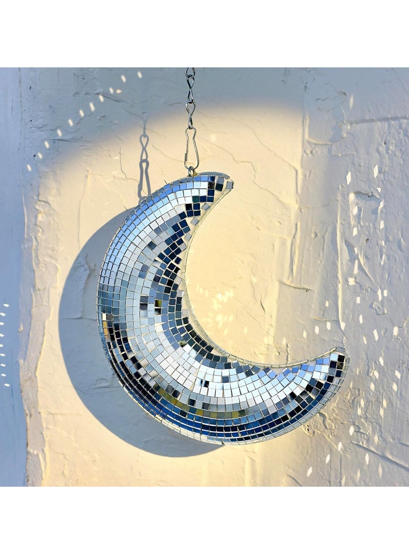 KASTWAVE كرة ديسكو على شكل قمر، 8 بوصة كرة ديسكو معلقة، كرات مرآة فضية لأسطح المسرح، ديكور منزل فني لتزيين الشجرة، حفلة، غرفة، فناء، كرة مرآة عتيقة مصنوعة يدوياً، 1 قطعة - Image 1