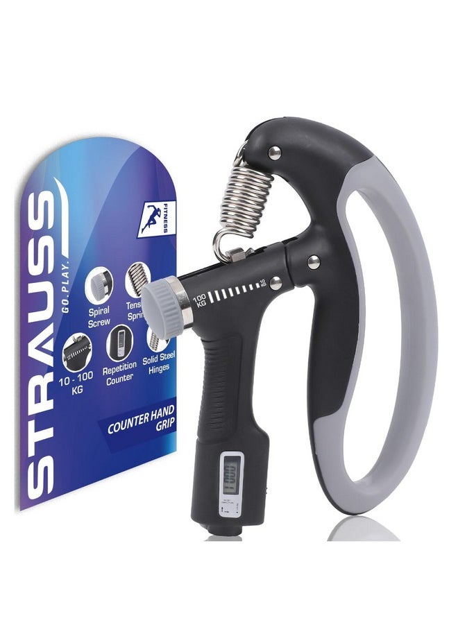STRAUSS - D-Shape Hand Grip With Digital Counter | Adjustable Resistance (10Kg -100Kg) | Hand/Power Gripper For Home & Gym Workouts | Finger & Forearm Hand Exercises & Strength Building (Black) - Image 1