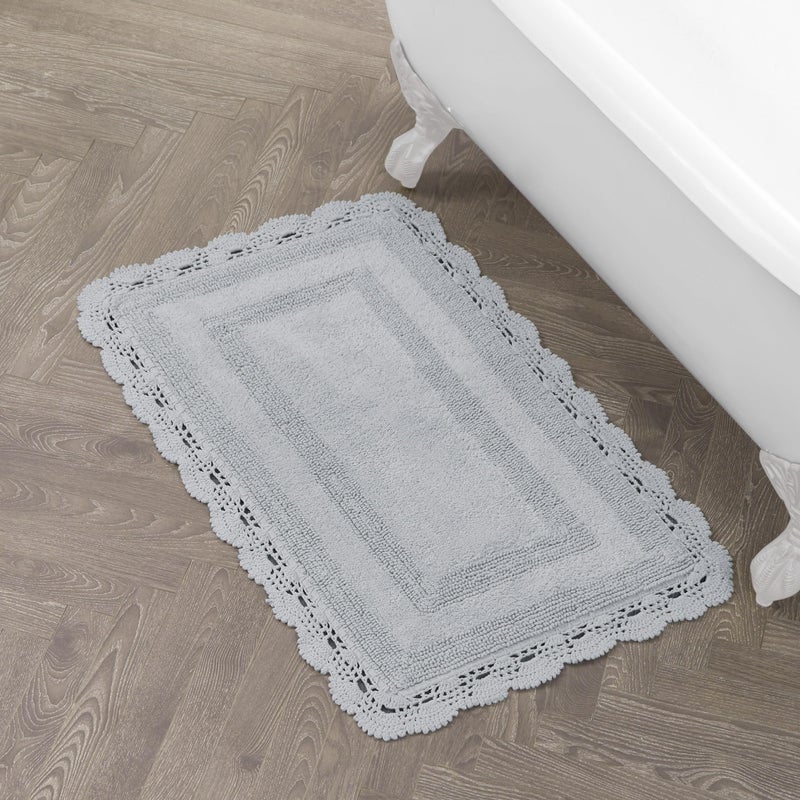 Laura Ashley Absorbent Bath Mat Reversible Crochet Soft and Plush Bathroom Mat 100% Cotton 24x40 Bath Rug, Light Grey - Image 1