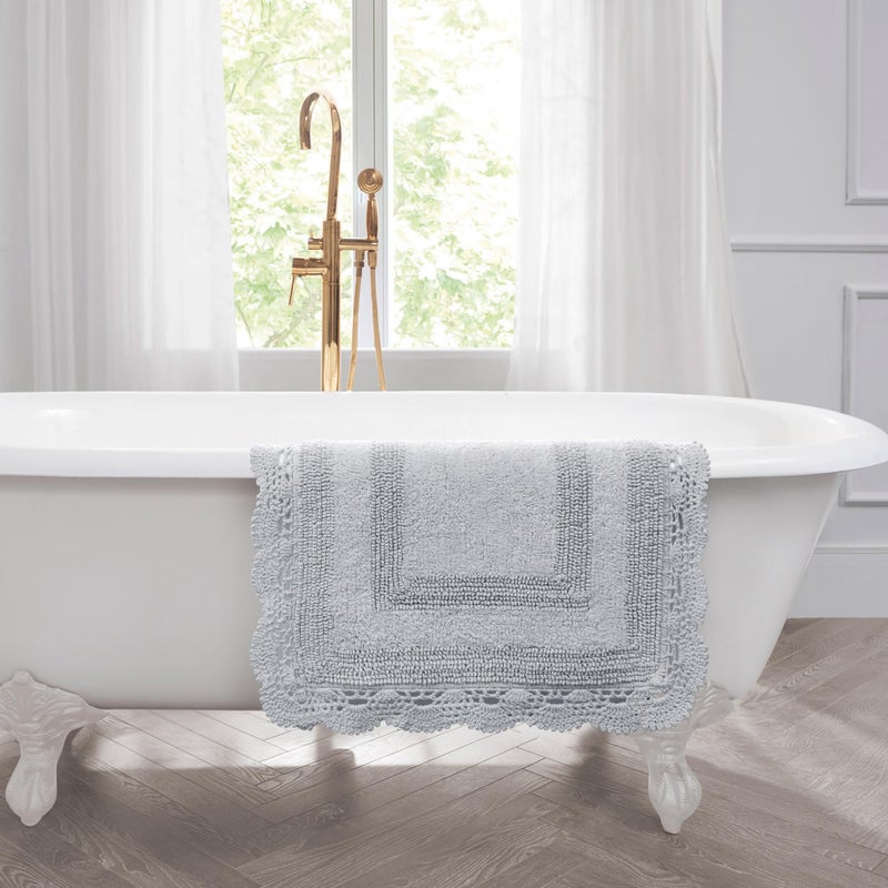 Laura Ashley Absorbent Bath Mat Reversible Crochet Soft and Plush Bathroom Mat 100% Cotton 24x40 Bath Rug, Light Grey - Image 5