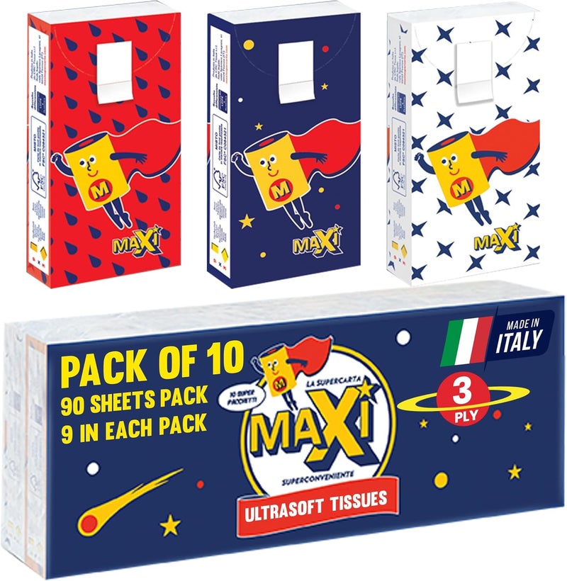 Maxi Supercarta 3 Ply Pocket Facial Tissues 10 Packs of Super Soft Tissue 9 Sheets Each pack with Flap Packing to Keep Tissue Clean and Fresh for On-the-Go Use - Image 1
