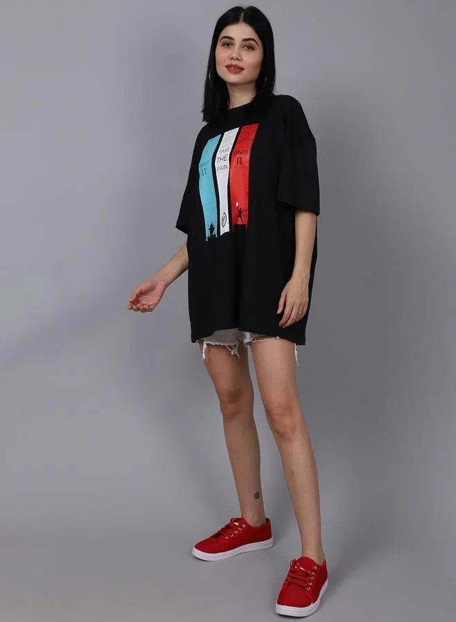 Styli Women Black Oversized Graphic Print T-Shirt By Door74