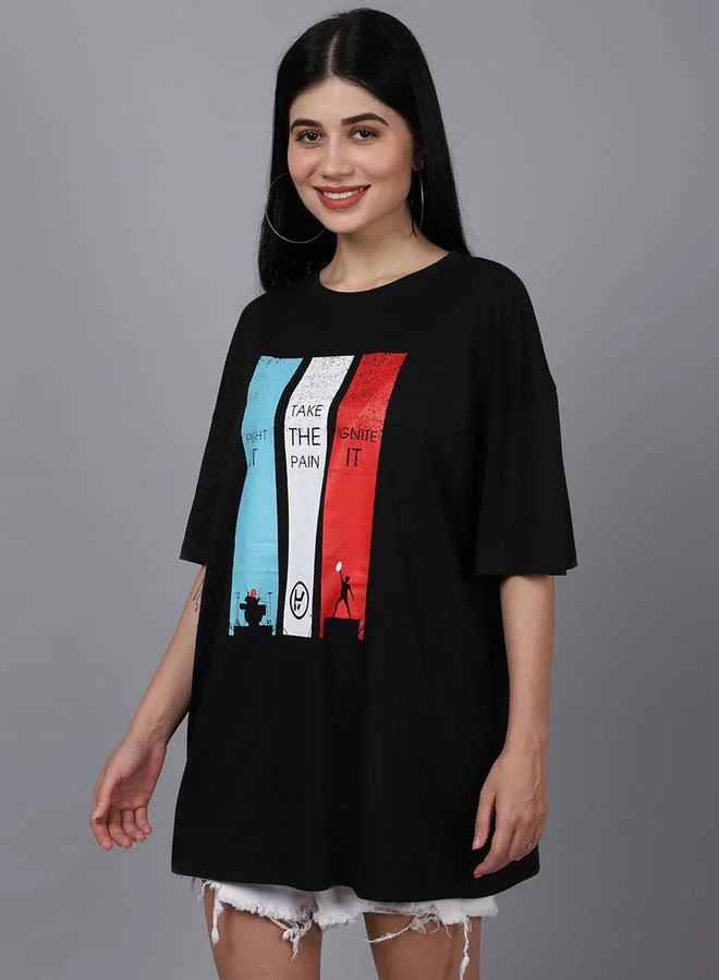 Styli Women Black Oversized Graphic Print T-Shirt By Door74